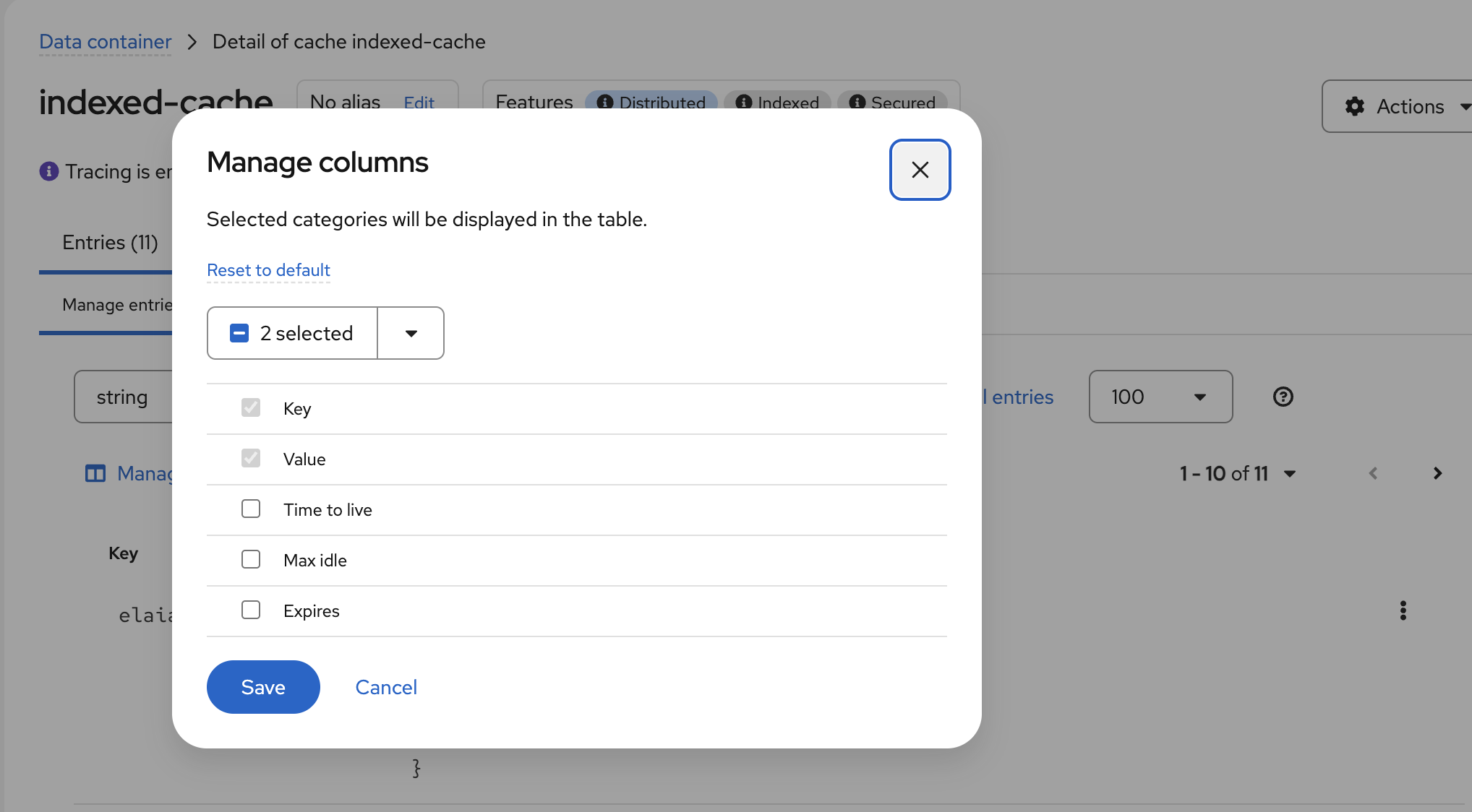 Manage columns dialog